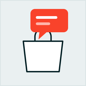 Chat bubble icon emerging from a shopping bag, representing agent-mediated commerce.