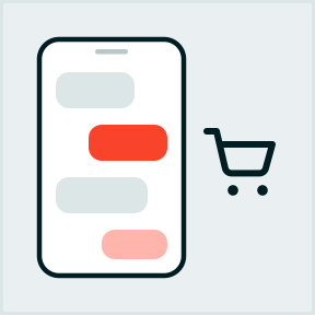 Smartphone displaying a shopping chat conversation next to a cart icon.