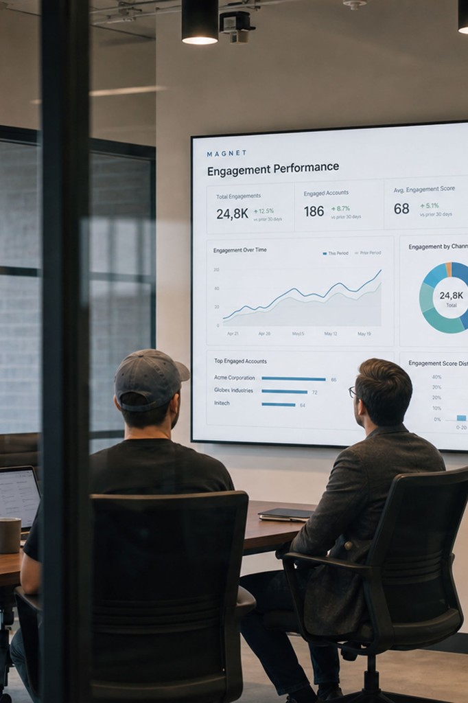 Team reviewing engagement performance data in the Cincinnati studio