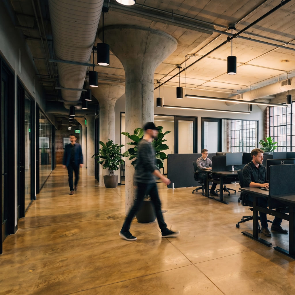 Open studio floor with concrete pillars, natural light, and active workstations